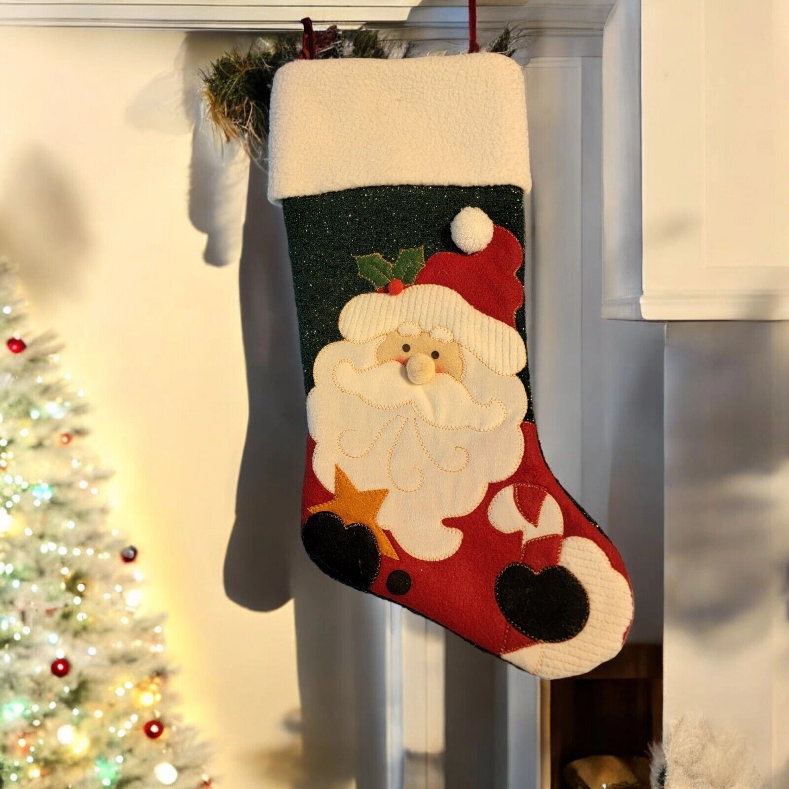 Christmas Stocking Santa Face 20” Green Sparkly Textured T56