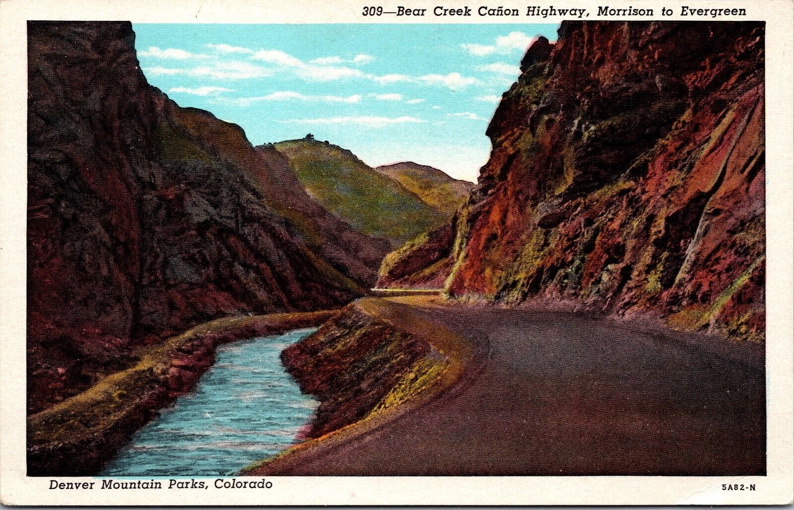 Bear Creek Canon Highway Morrison to Evergreen Colorado White Border Postcard 9F