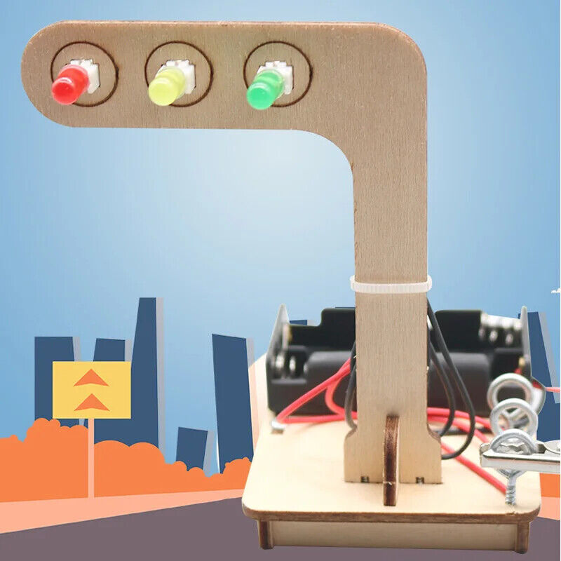 Mini Kids Science Experiment for Children Boys DIY Toys Wooden Traffic Light Led