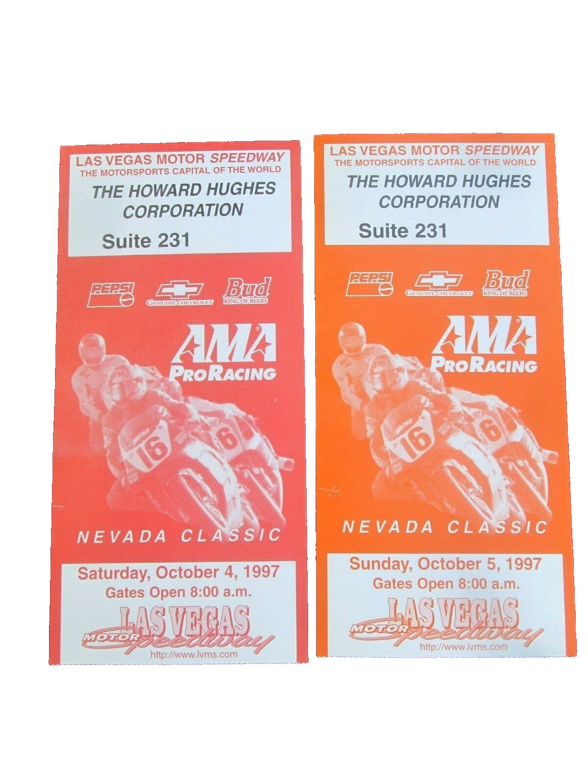 AMA Pro Racing Tickets 1997 Las Vegas Motor Speedway Howard Hughes Suite 2 Days