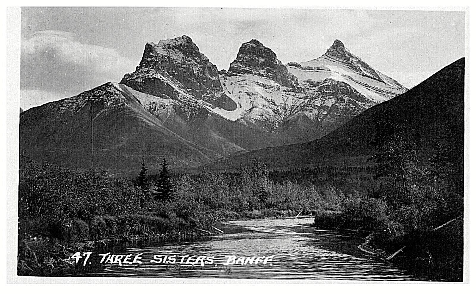 BANFF AB -Three Sisters Mountains Real Photo Postcard RPPC - 1920\'s Canada