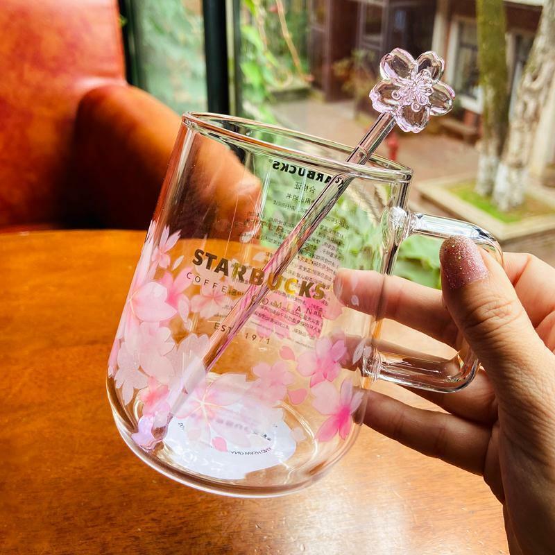 Valentine's&Birthday Starbucks Pink Sakura Color Glass Coffee Mug Cup with Stick
