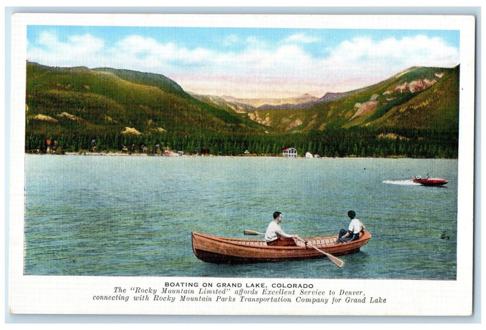 c1940 Boating Grand Lake Rocky Mountain Affords Canoe Colorado Vintage Postcard