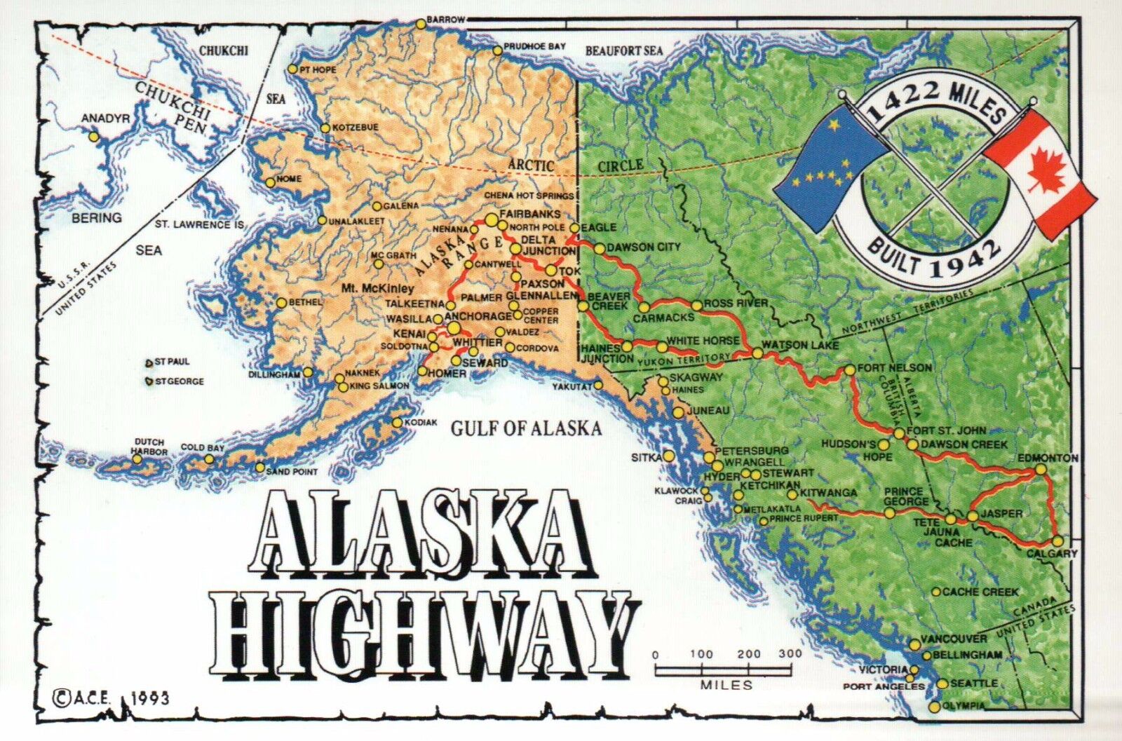 Alaska Highway State Map, Juneau, Anchorage, Fairbanks etc, Canada AK - Postcard