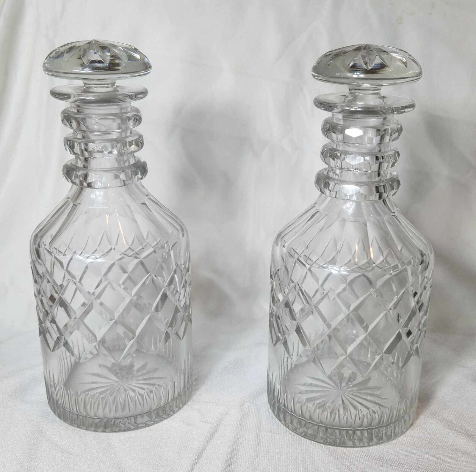 Pair of Vintage Antique Clear Crystal Decanters 3 Ring Mushroom Stopper