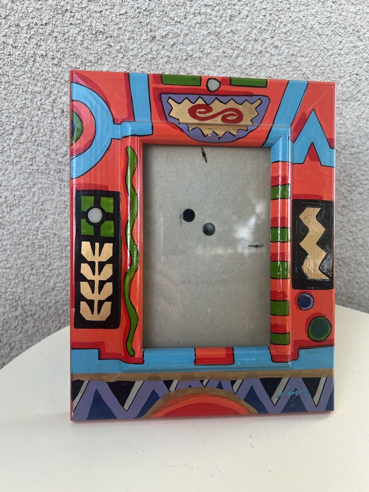 Picture Frame Hand Painted Geometric Art Signed 3.5” X 5.5” Opening