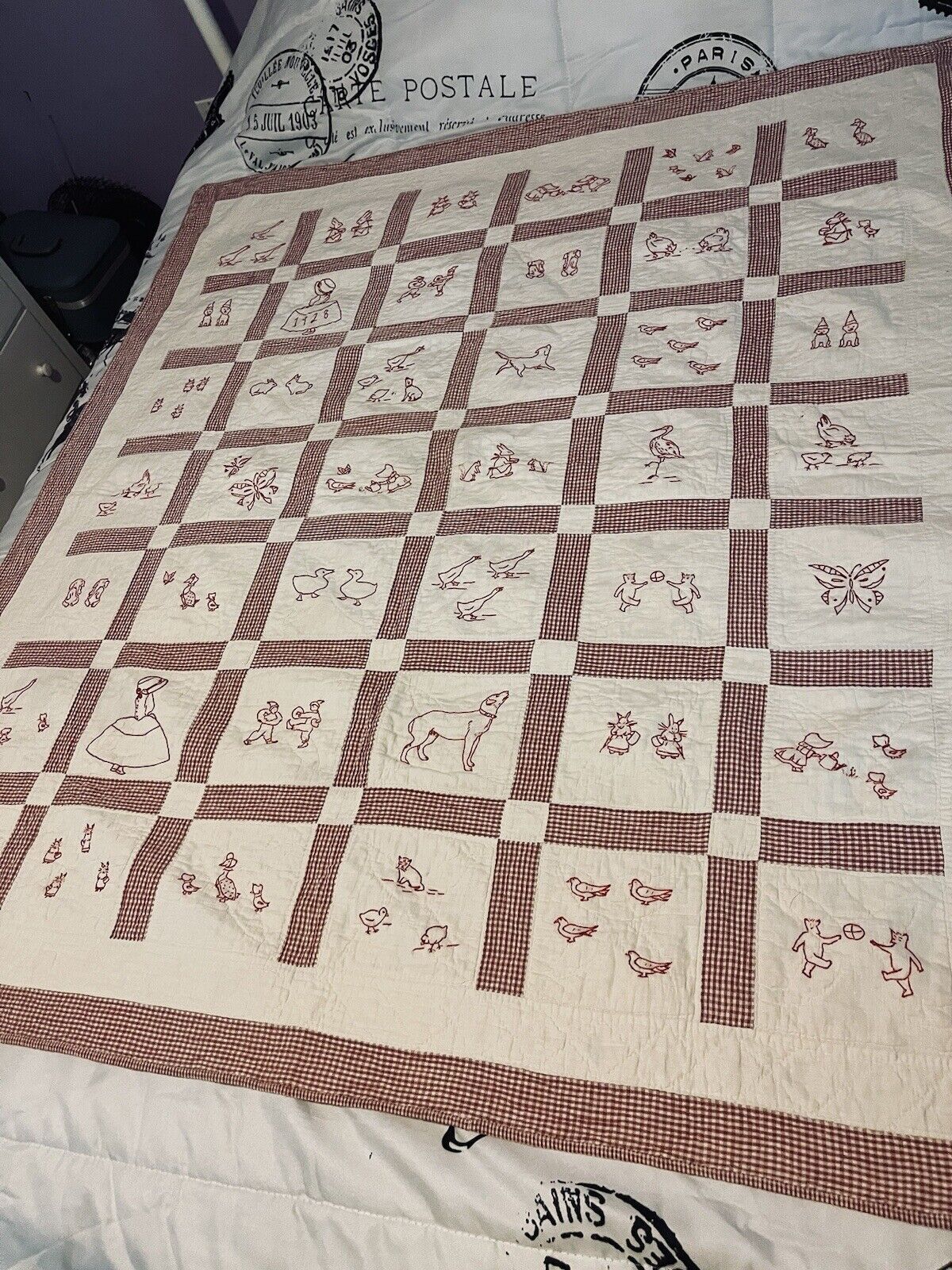 Antique Red Work Animals Baby Child Quilt Hand Embroidery Date 1928 48x54”