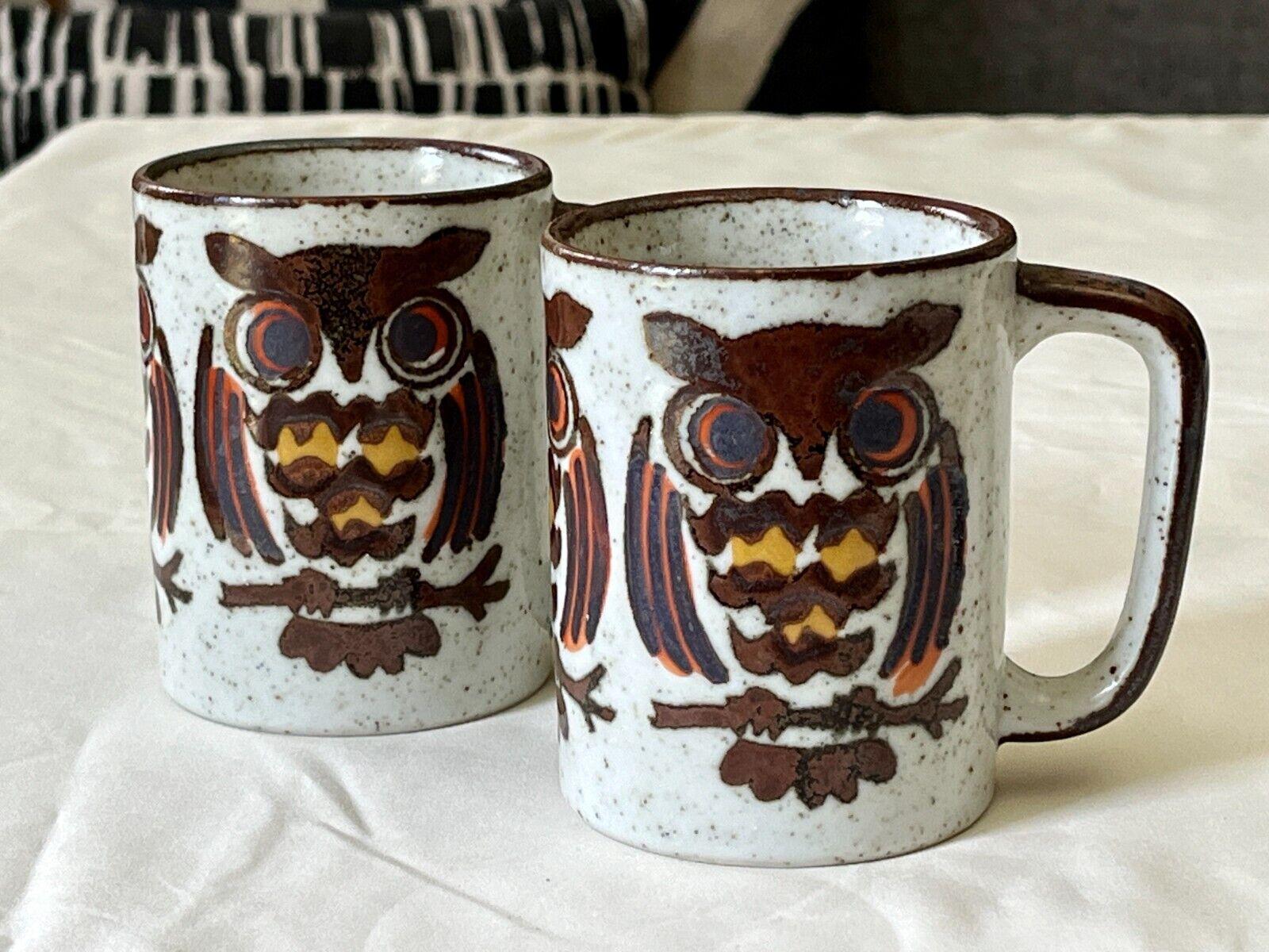 Vintage Pair OTAGIRI Style Speckled Stoneware Perched Owls Coffee Mugs