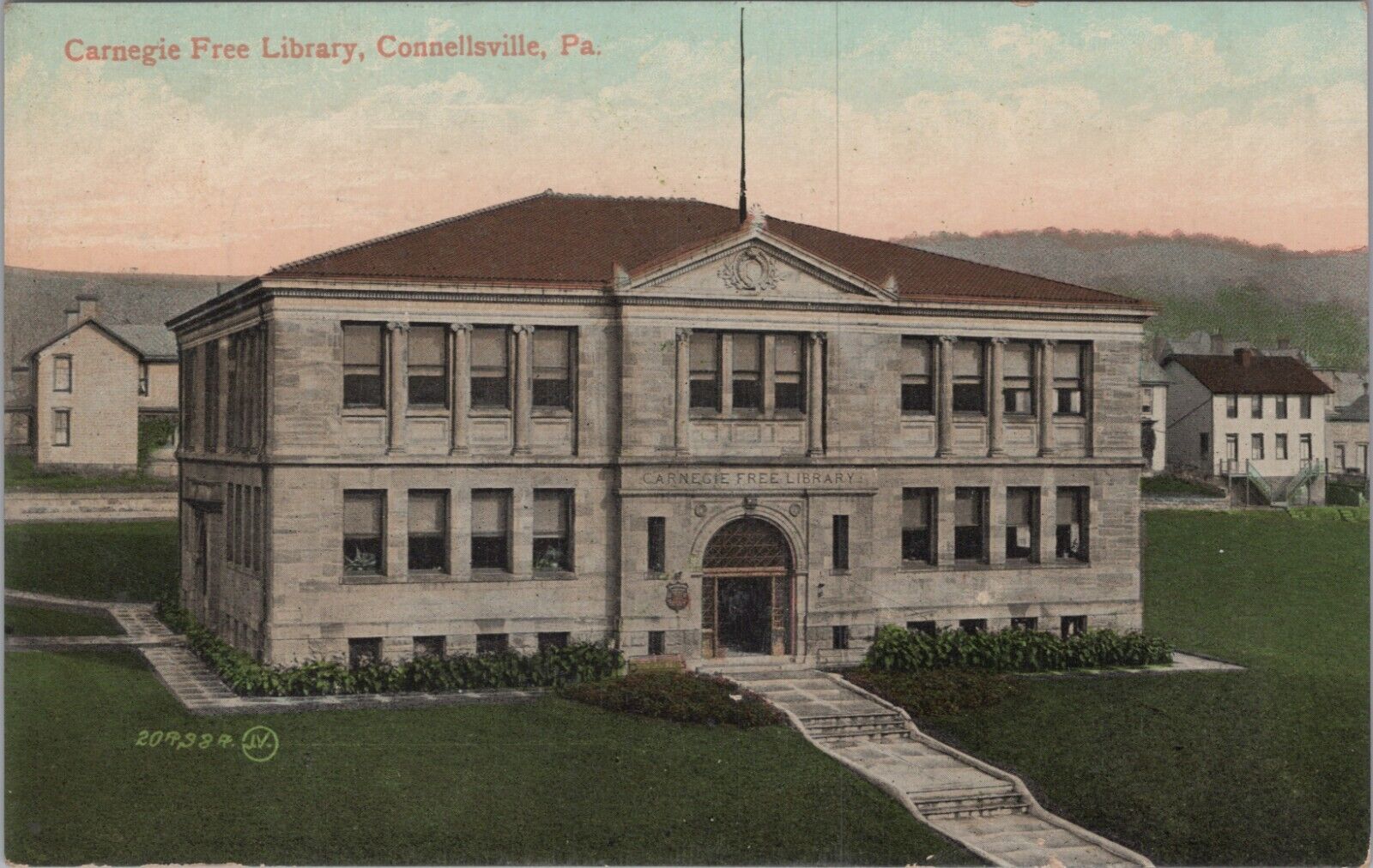 Carnegie Free Library, Connellsville, Pennsylvania PA 1908 Postcard 7847c