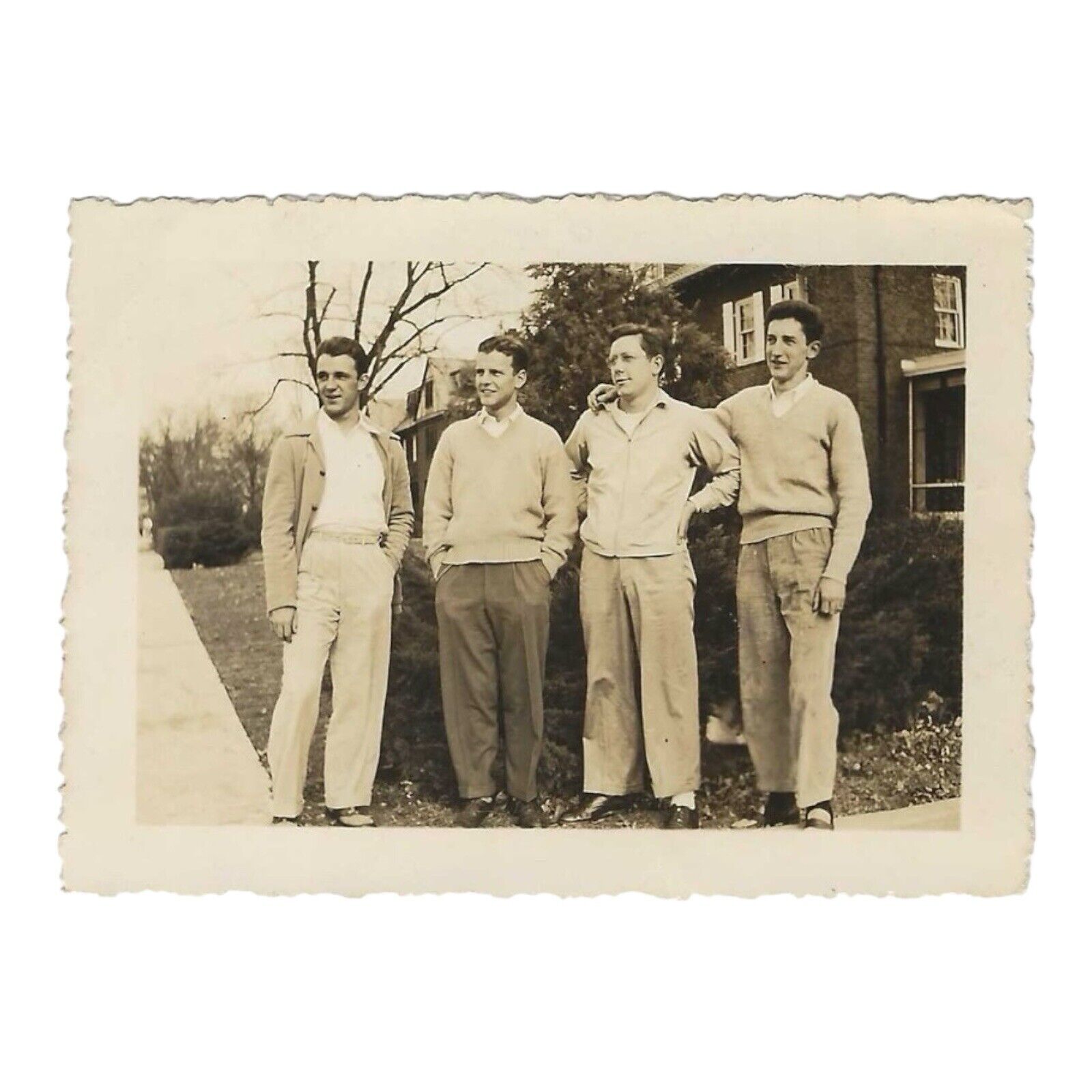 Vintage Snapshot Photo Four Dapper Men Affectionate Pose Identified 1940s 1943