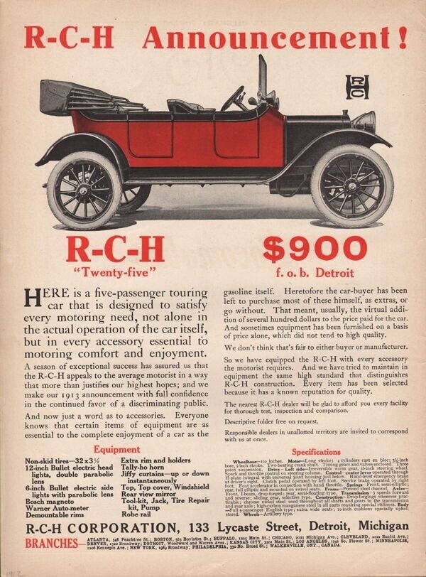 1912 RCH TWENTY FIVE CAR AUTO TOURING MOTOR ENGINE DETROIT BOSCH WARNER 19215
