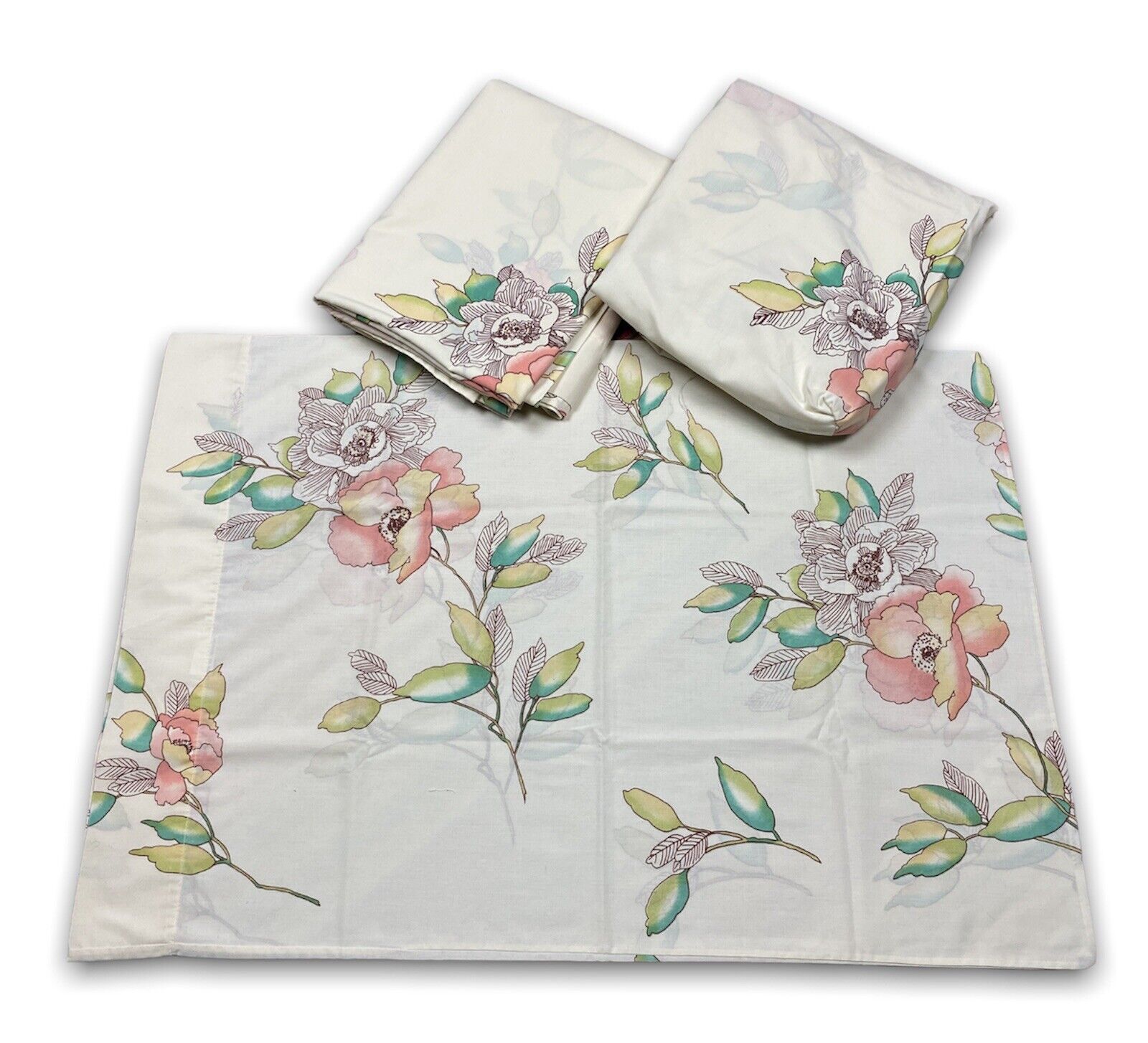 Vtg Fieldcrest Combed Percale Cream Floral Twin Sheet Set Flat Fitted +Pillow