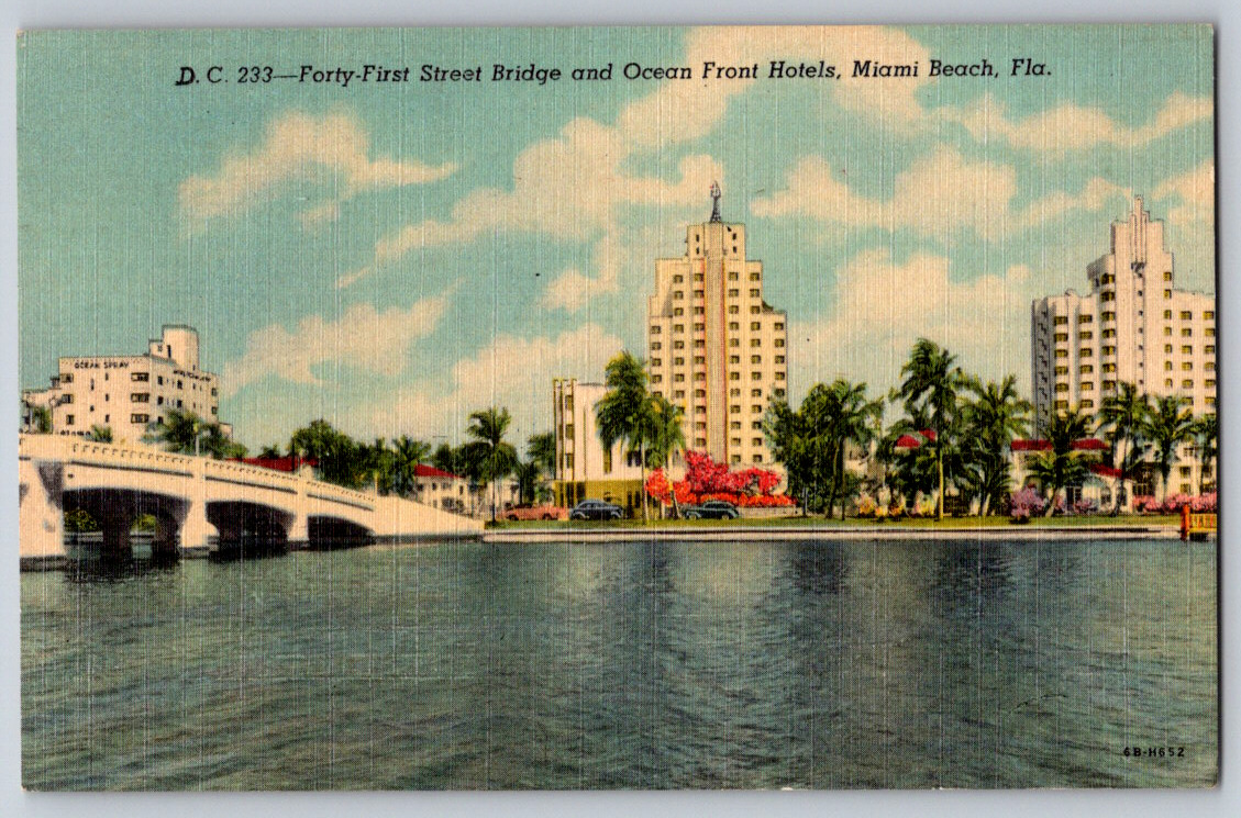 Postcard Forty First St. Bridge and Ocean Front Hotels Miami Beach FL 1940s