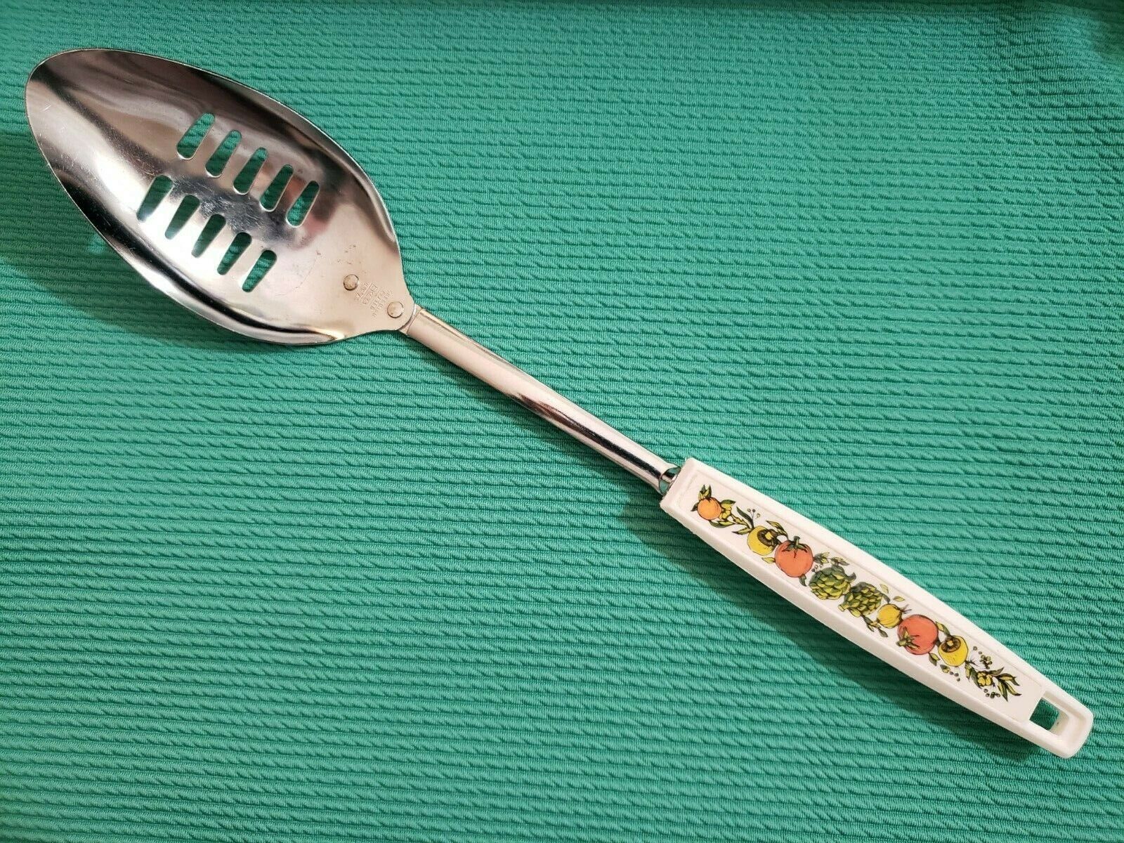 Vintage ECKO Chromium Plated USA Slotted Serving Spoon Vegetables White Handle