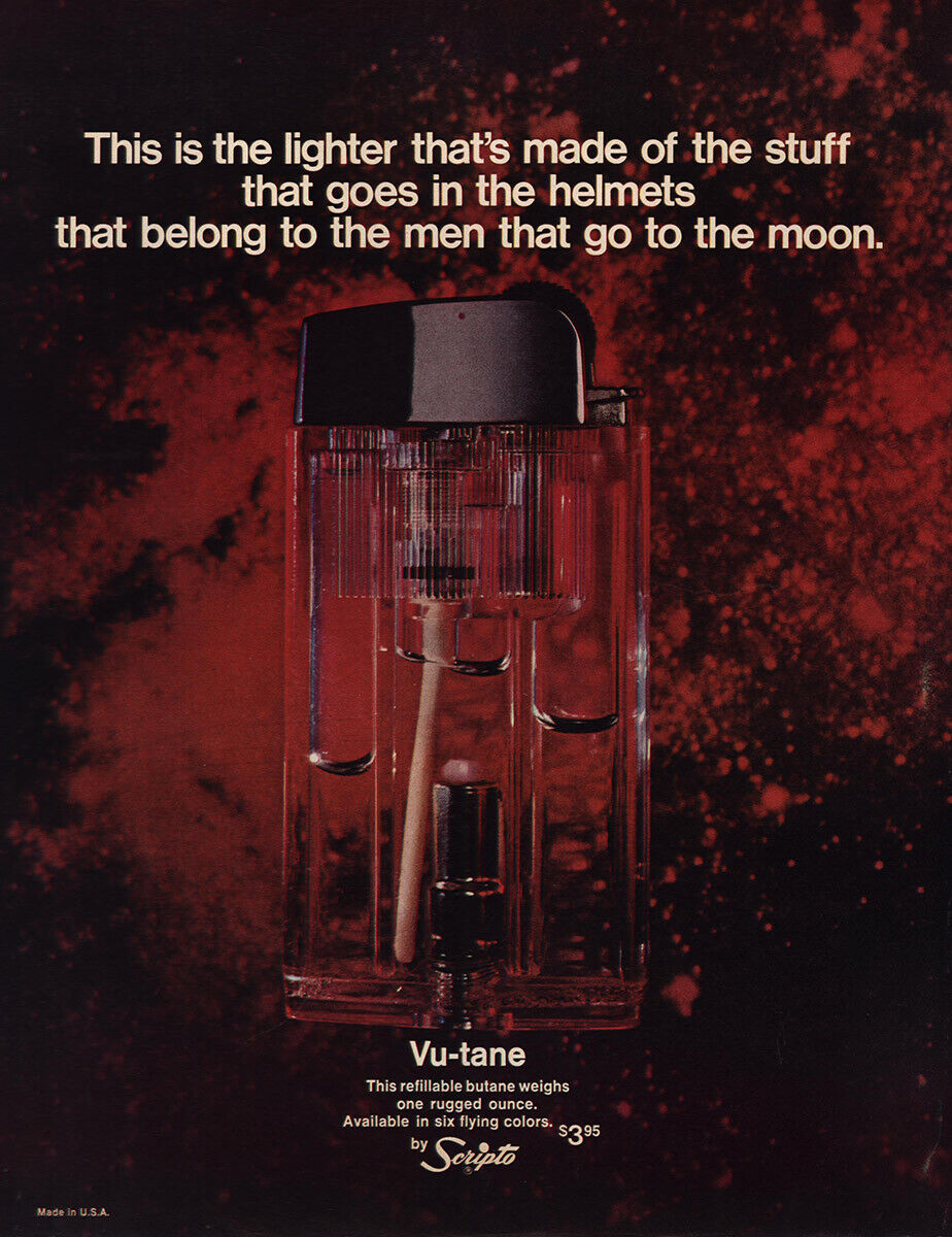 1970 Scripto: Vu Tane Lighter Men That Go to the Moon Vintage Print Ad
