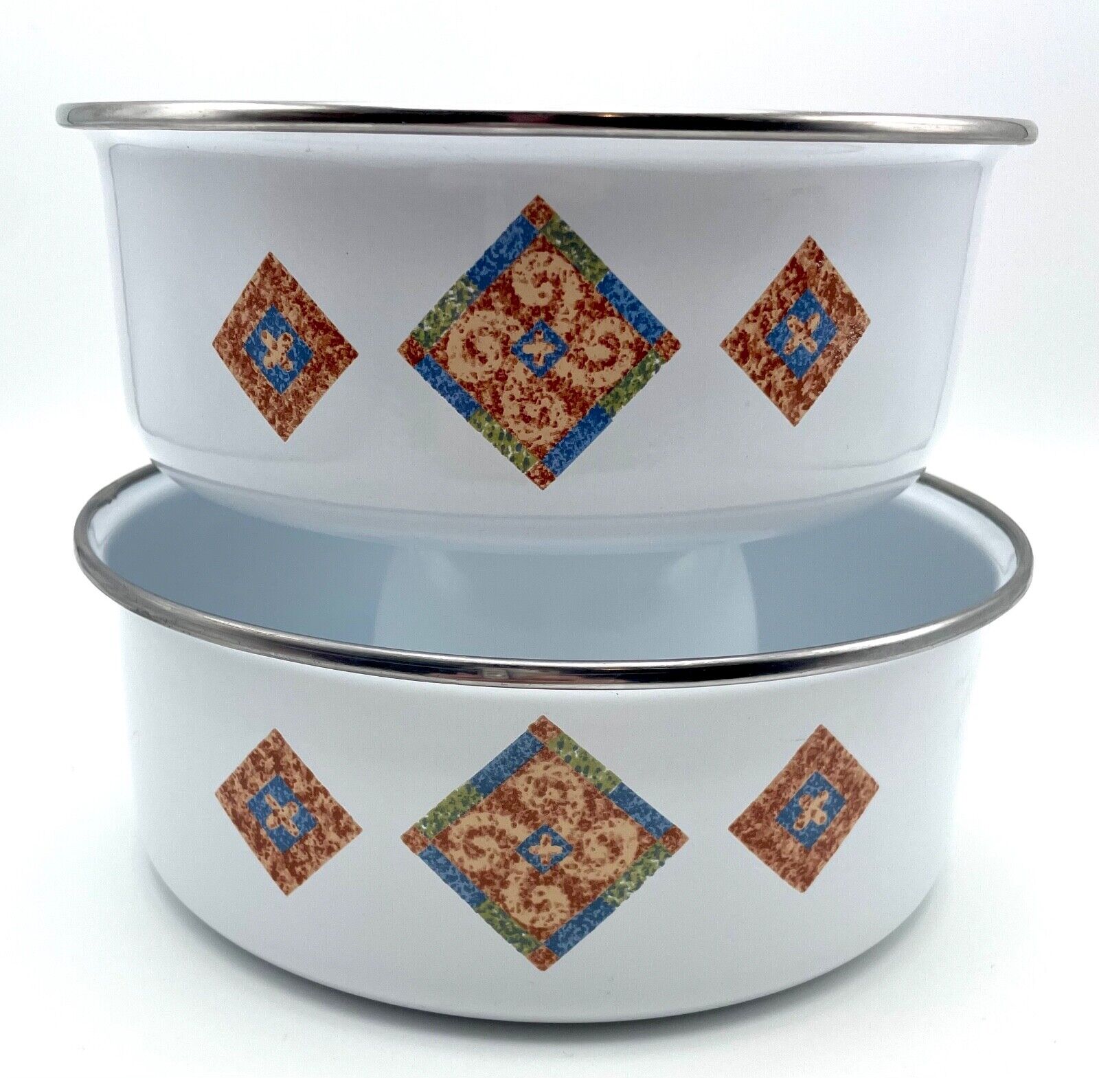 Vintage Lincoware Metal Enamel Nesting Bowls Diamond Mosaic Pattern, Set of 2