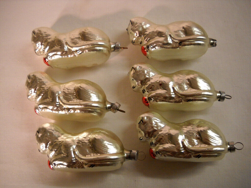 1984 Inge-Glas Playing Cat Kitten Glass Ornament Set of 6 W. Germany NOS Unboxed