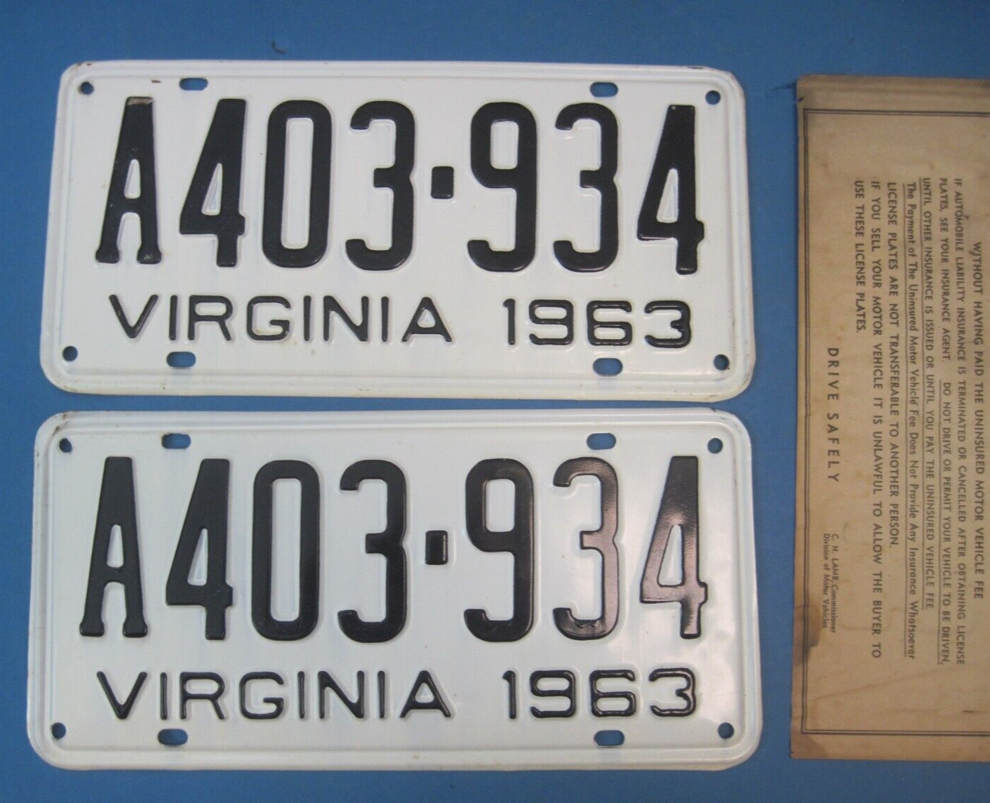 1963 Virginia license plates matching pair never used DMV clear for registration