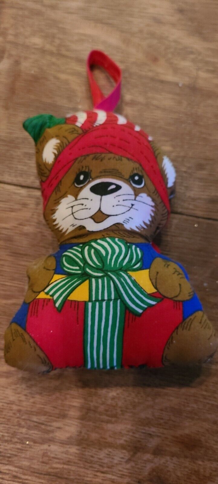 Vintage Handmade Stuffed Fabric Christmas Ornament Bear Finished Fabric Panel 