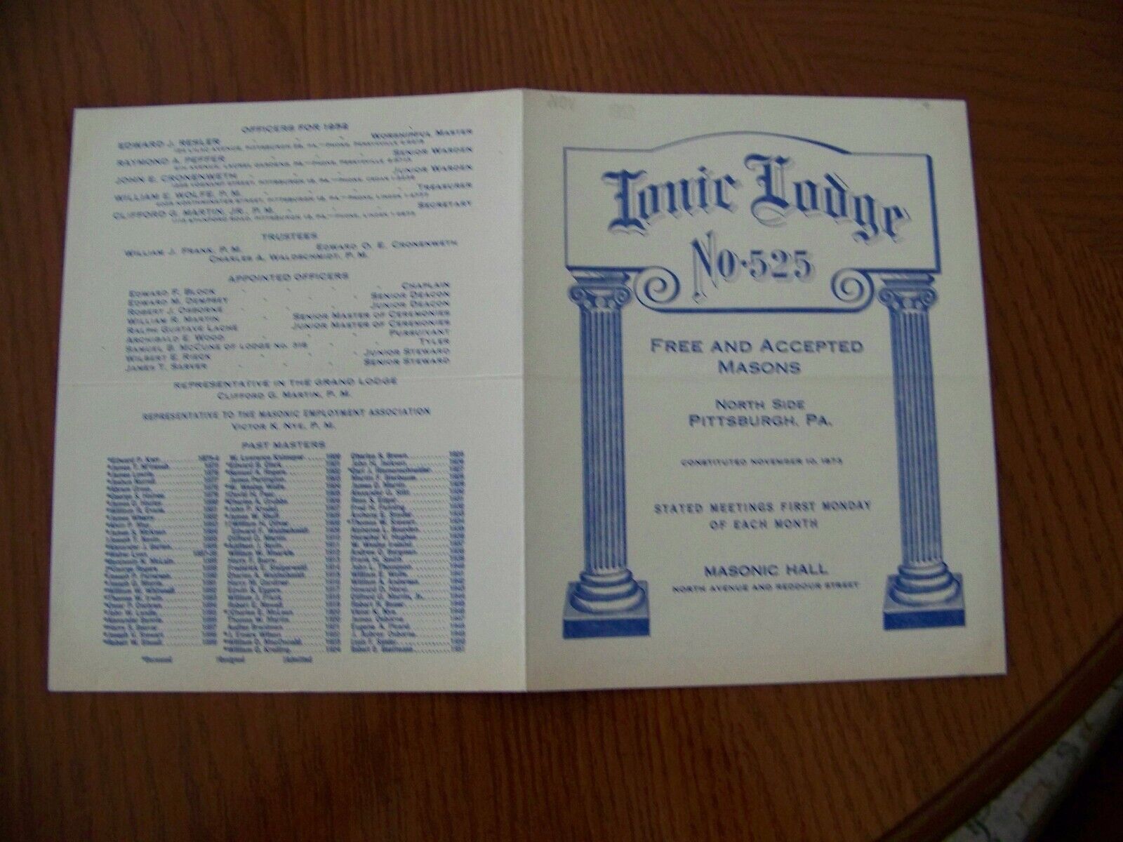Pittsburgh Pennsylvania PA Ionic Lodge Free Mason 525 Masonic Program 1952
