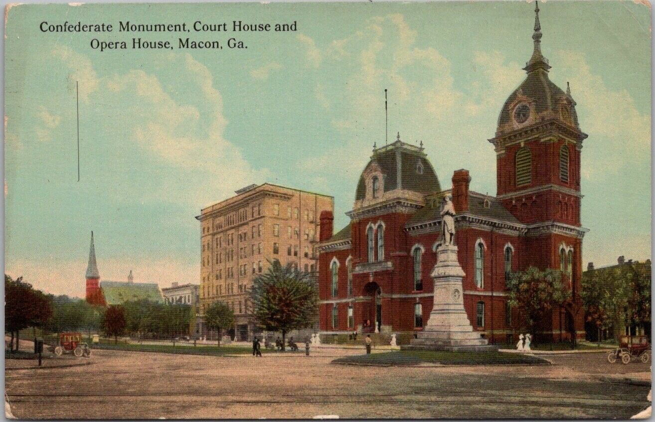 Vintage 1910s MACON, Georgia Postcard Civil War Monument and Court House View