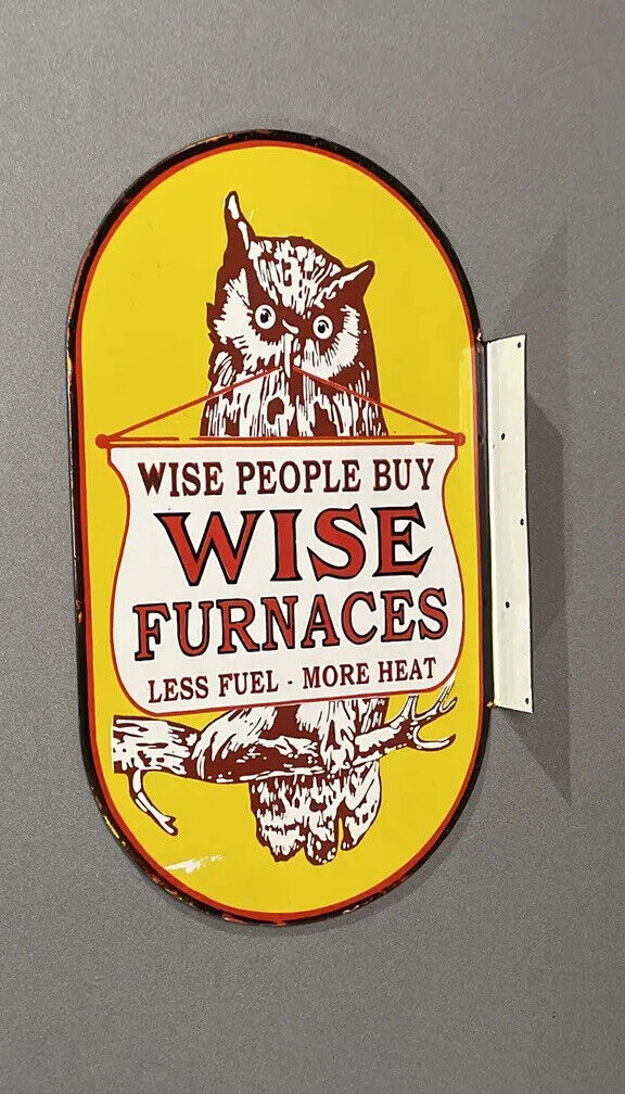 VINTAGE SCARCE 28” WISE OWL DOUBLE SIDED FLANGED PORCELAIN SIGN CAR GAS OIL