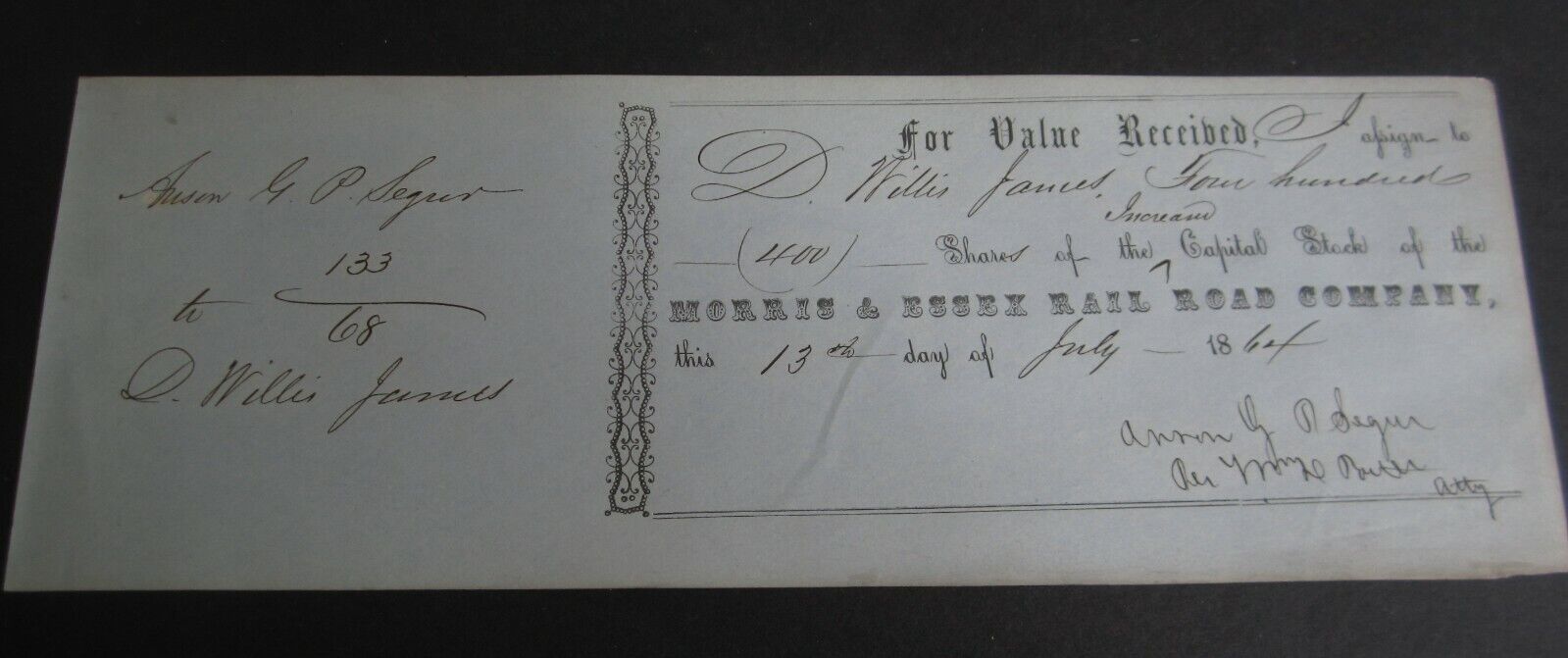 Old 1864 MORRIS & ESSEX RAILROAD - Stock Transfer Document - D. WILLIS JAMES