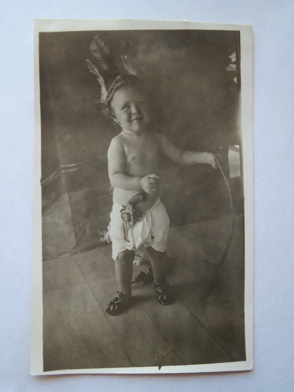 1915 RPPC Toddler with Gun, Bow and Indian Headress Arizona Photo