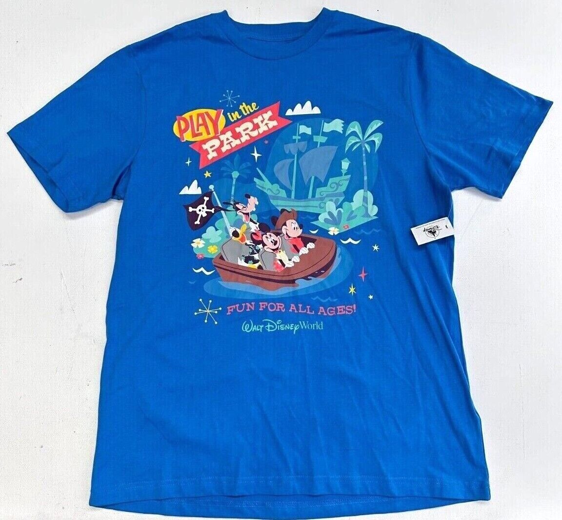 Walt Disney World Play In the Park Mickey Pirates Caribbean Blue Shirt Adult