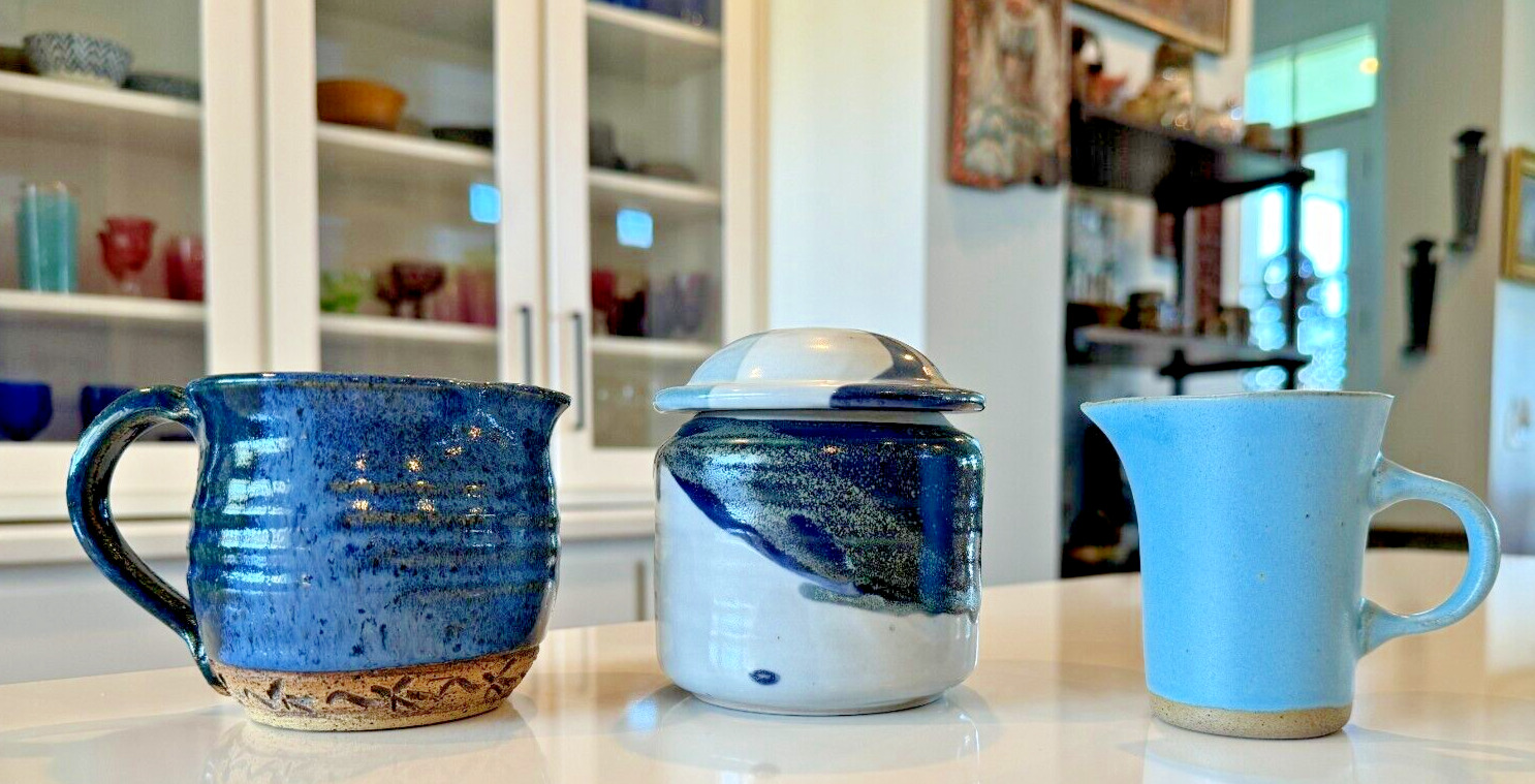 Set of 3 Vintage Signed Handmade Studio Art Blue Stoneware Pottery Creamers/Jar