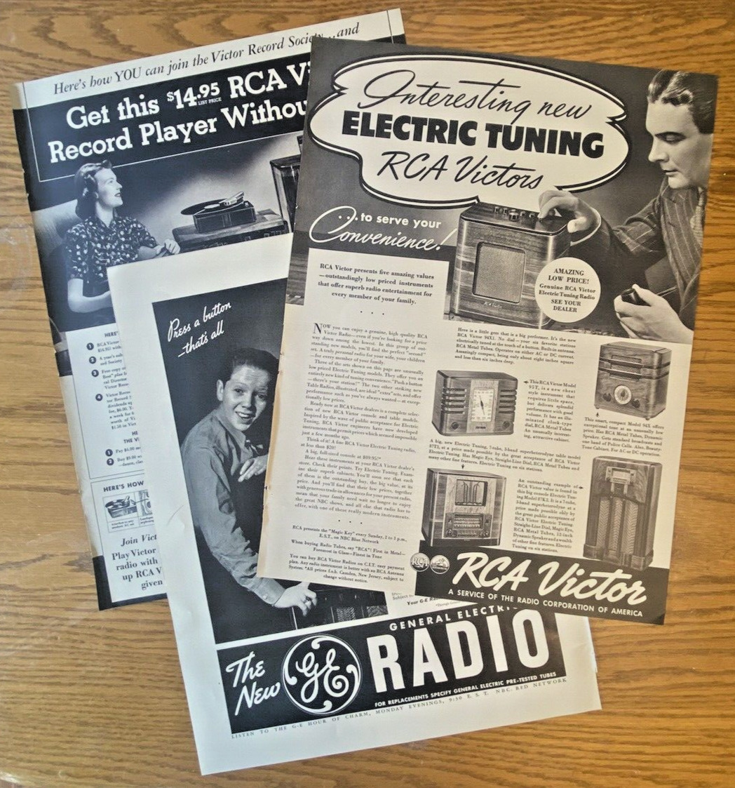 LOT of 3 1930s GE RADIO & RCA VICTOR Vintage Full Page Magazine Ads 14x10\