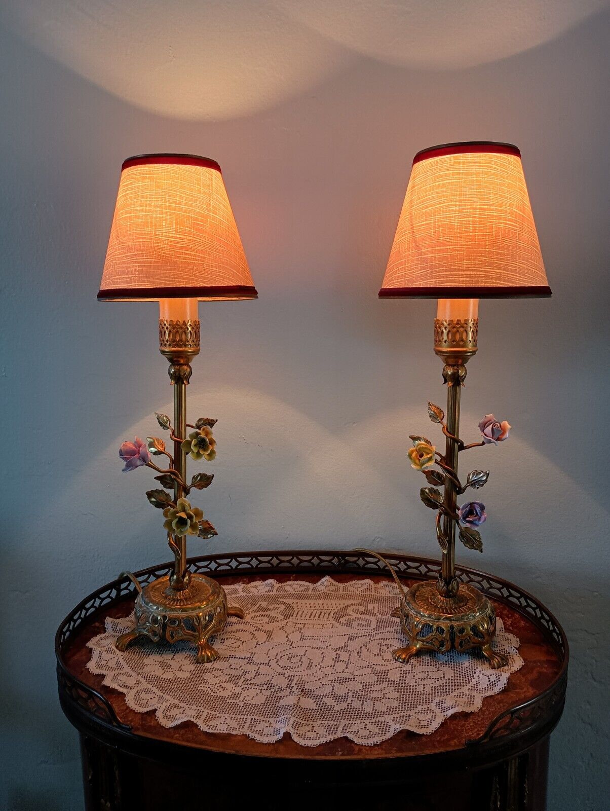 Pair Antique French Brass & Porcelain Flowers Boudoir Lamps w Shades