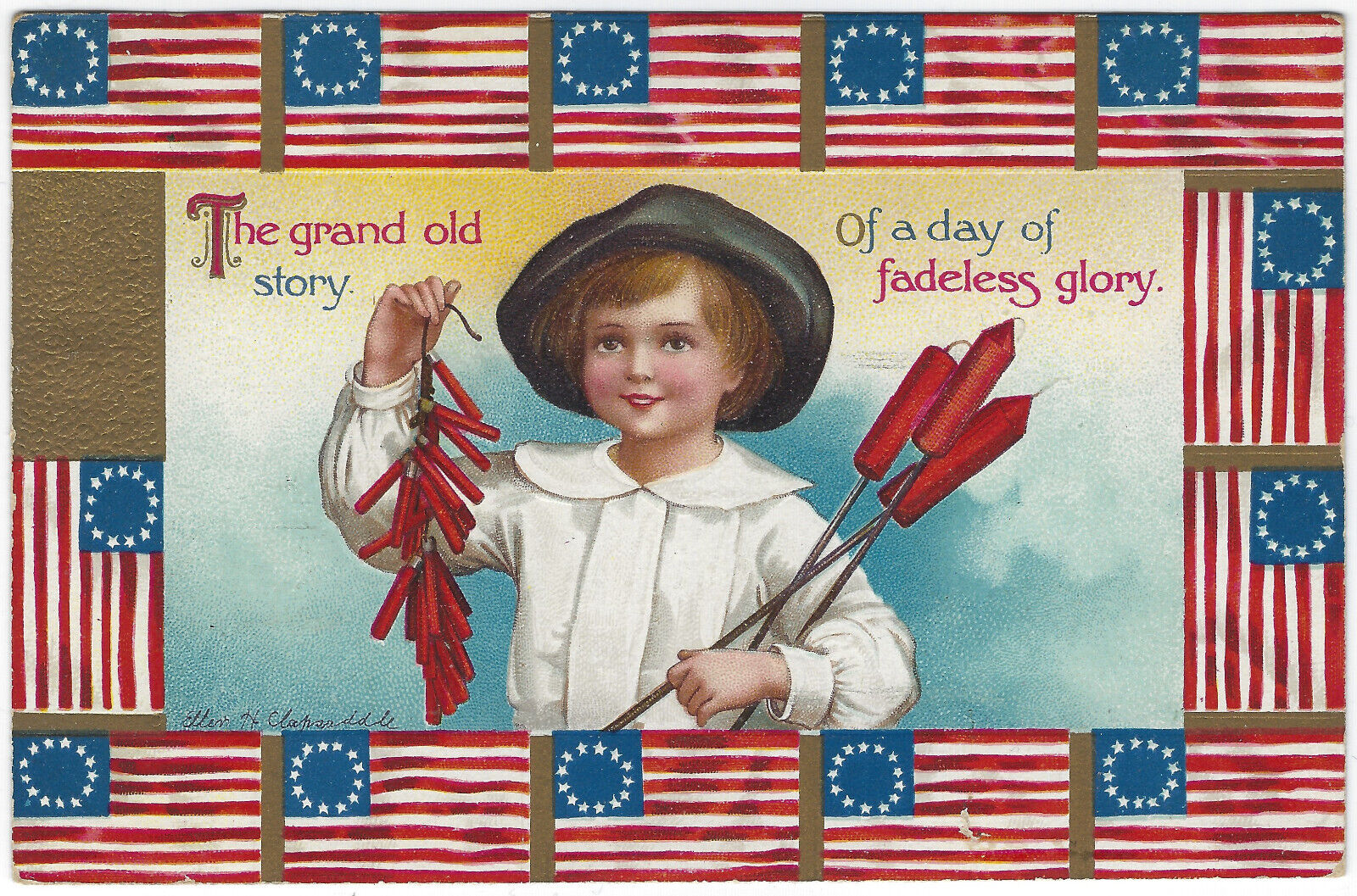 Clapsaddle July 4th Boy w/Fireworks 13 Flags Border A/S PC Emb Gilded Vtg c1913
