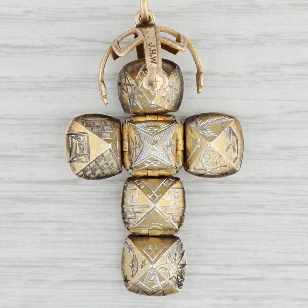 Antique Masonic Orb Fob Charm 9ct Gold Silver Symbols Skull Stars Square Compass