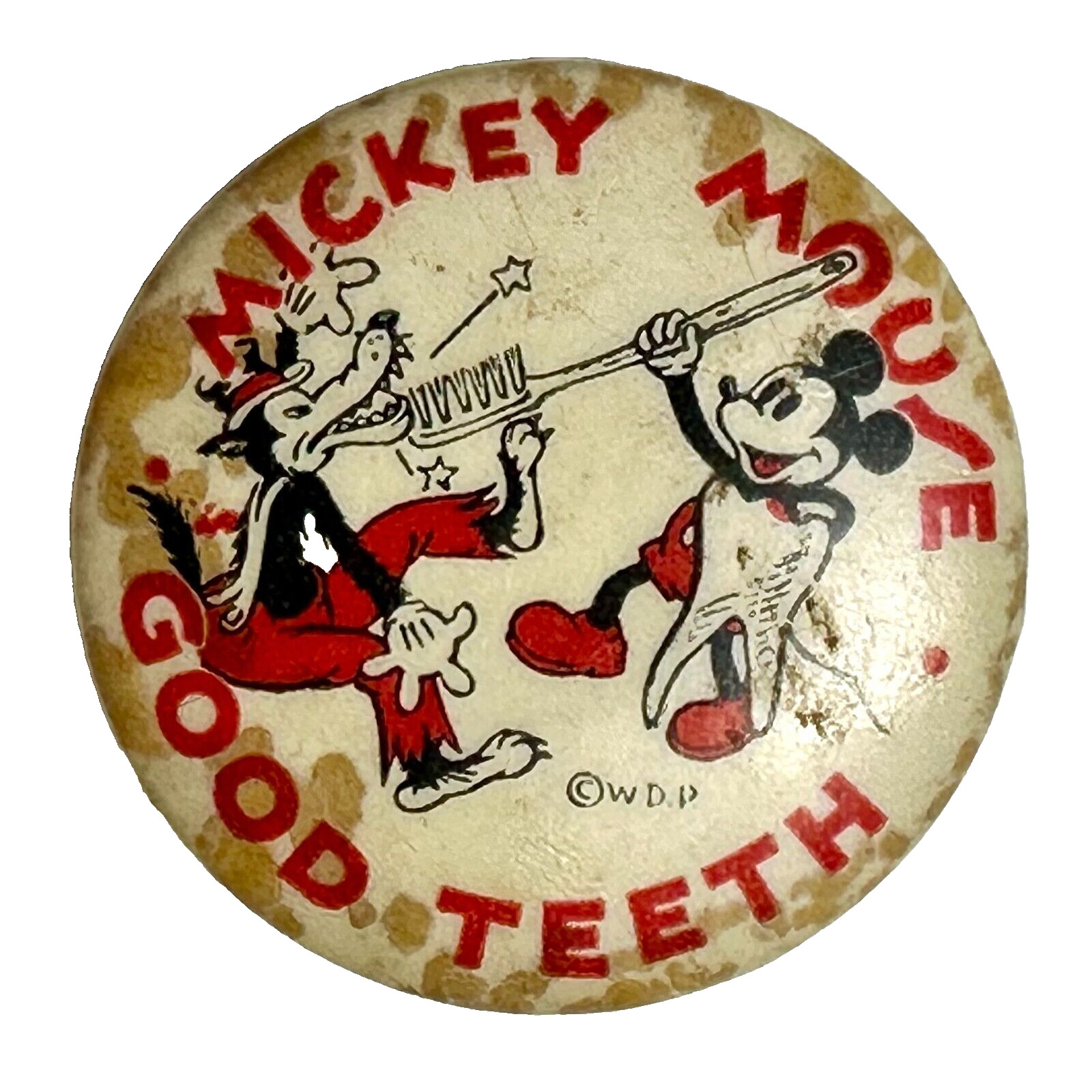c1930s Walt Disney Mickey Mouse Brushes Big Bad Wolf Teeth Good Teeth Pinback