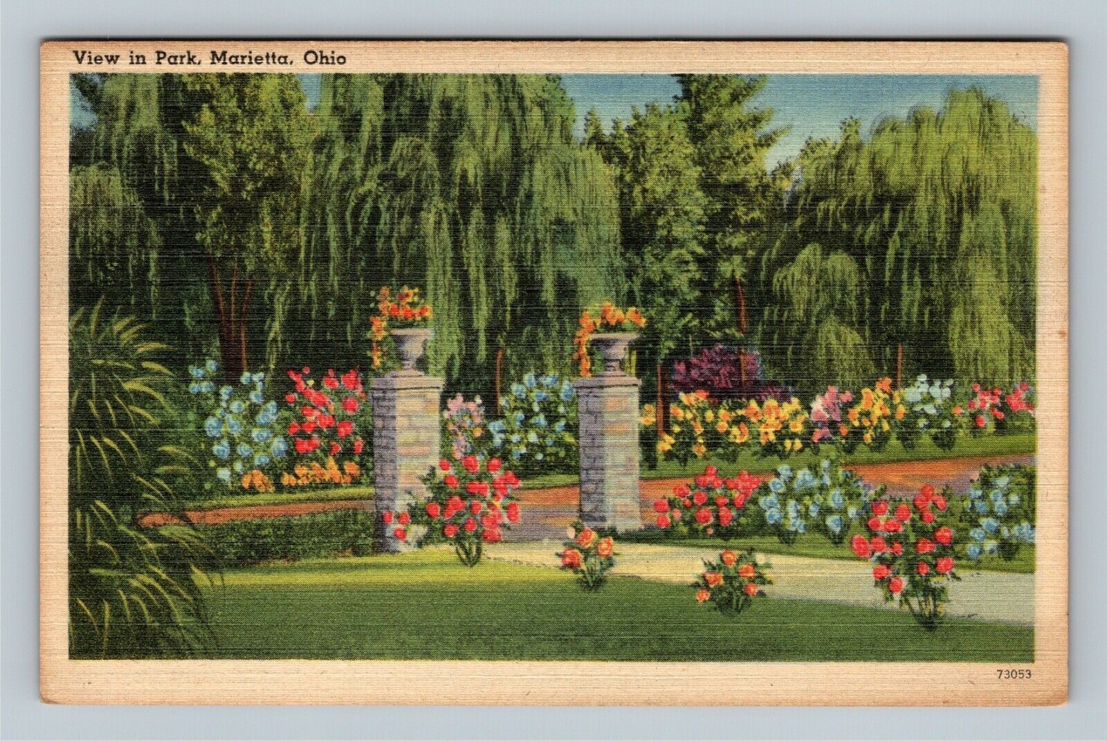 Marietta OH, View In Park, Flowers, Ohio Vintage Postcard