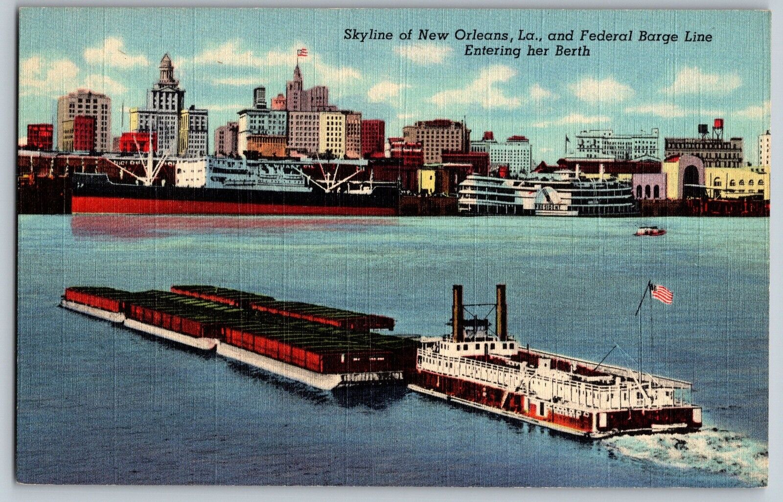 New Orleans, Louisiana LA - Skyline & Federal Barge Line - Vintage Postcard