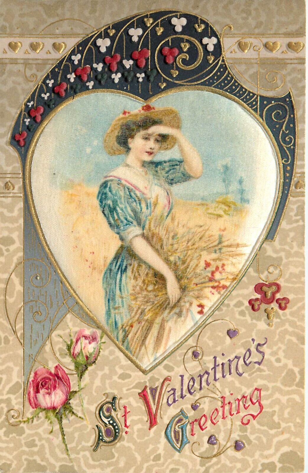 Winsch Schmucker Valentine Embossed Silk Postcard Beautiful Woman in Wheat Field