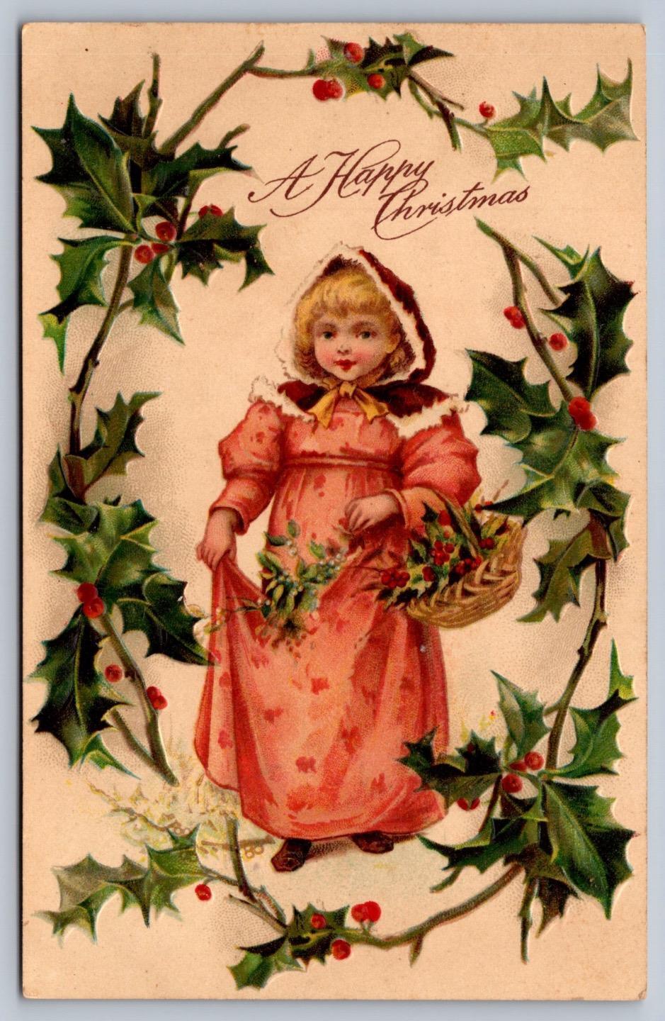 1907 Christmas postcard little girl carries holly in basket holly border