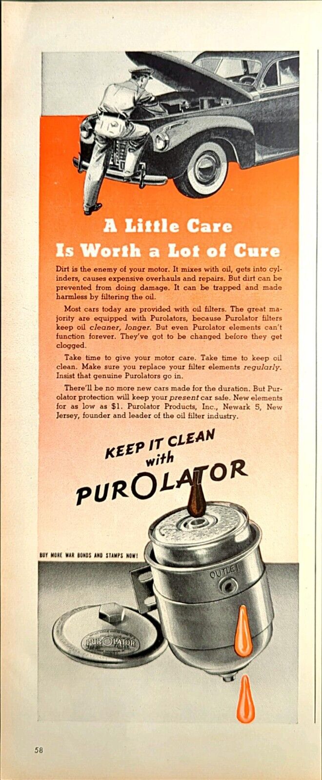 1944 Purolator Oil Filter Print Ad Buy War Bonds Mechanic Car Cleaner Motor 133