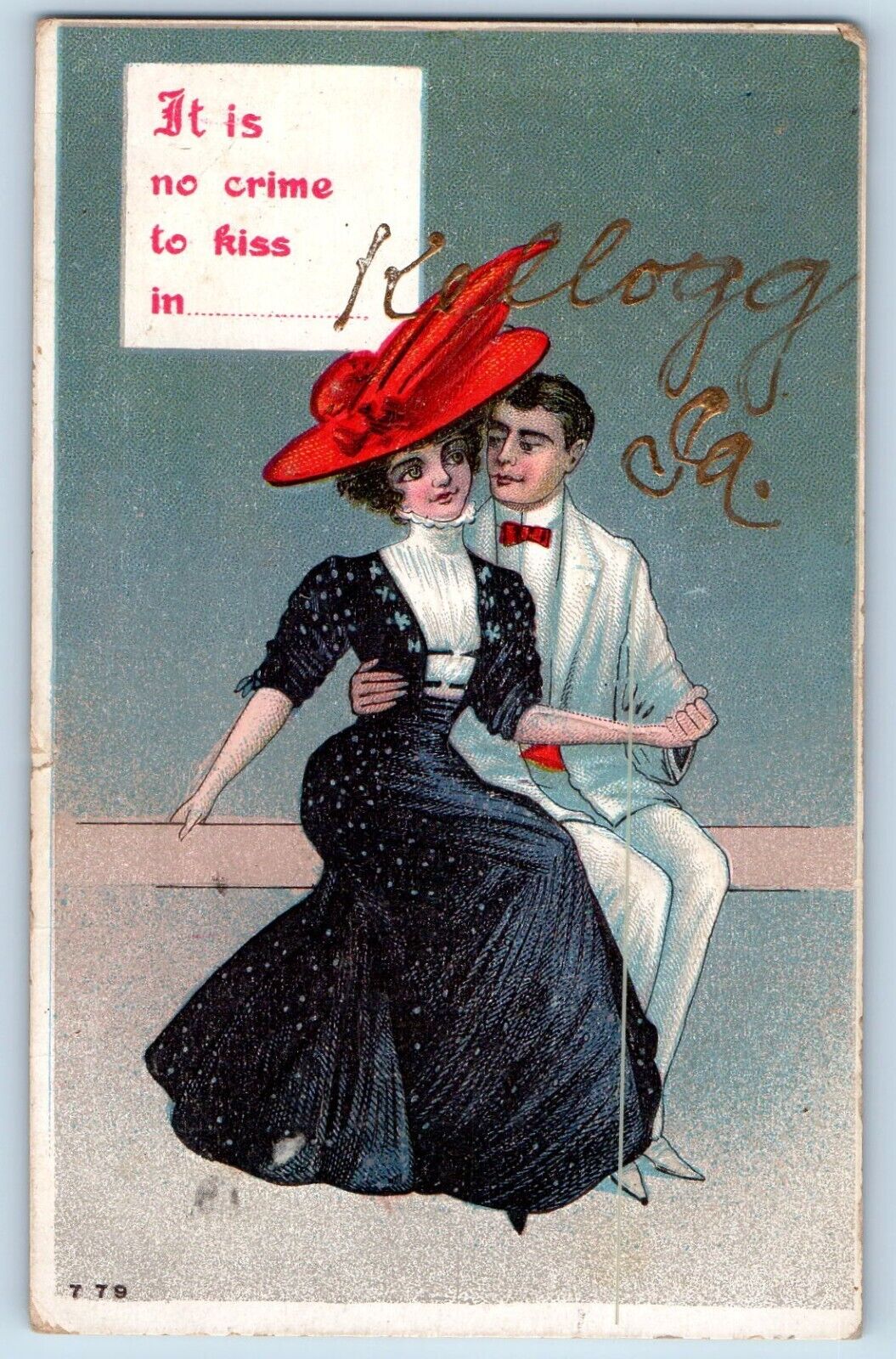 Kellogg Iowa Postcard Lover Couple Embossed Glitter c1912 Vintage Antique Posted