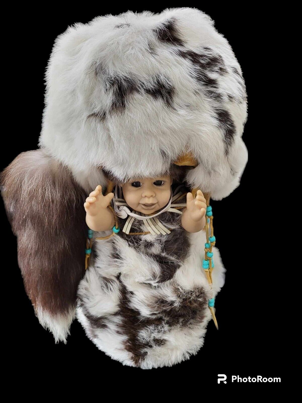 Rare North American Native Doll - Papoose board on back - wrapped in fur