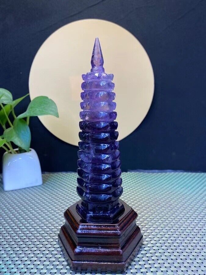 390g Top Natural Amethyst quartz crystal carved Wenchang Tower Reiki healing