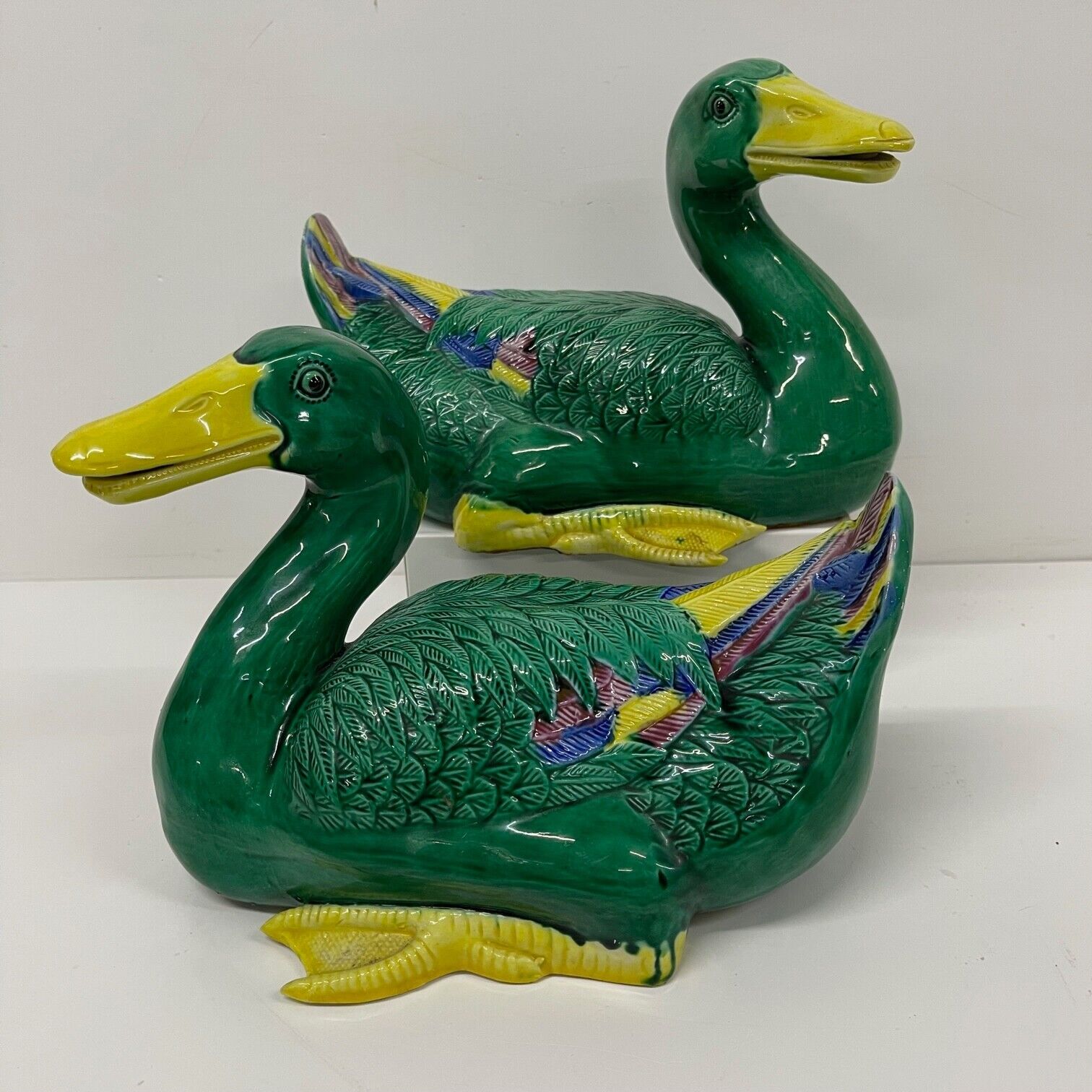 Pair Vintage Ceramic Ducks Green Decorative mid century