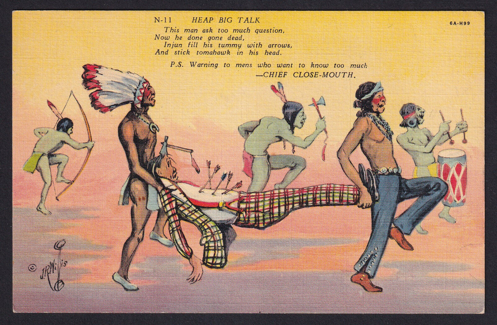 Heap Big Talk-JR Willis-Native American-Chief Close Mouth-Vintage Linen Postcard