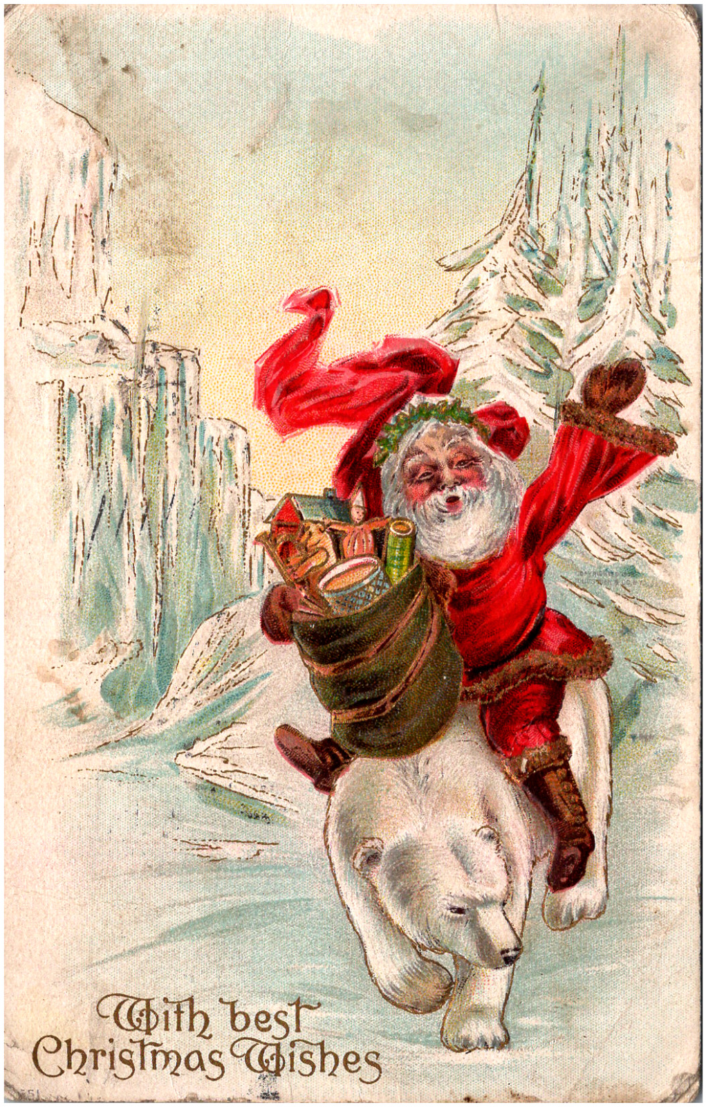 Old World Santa Claus Riding Polar Bear Best Christmas Wishes 1909 Postcard Xmas