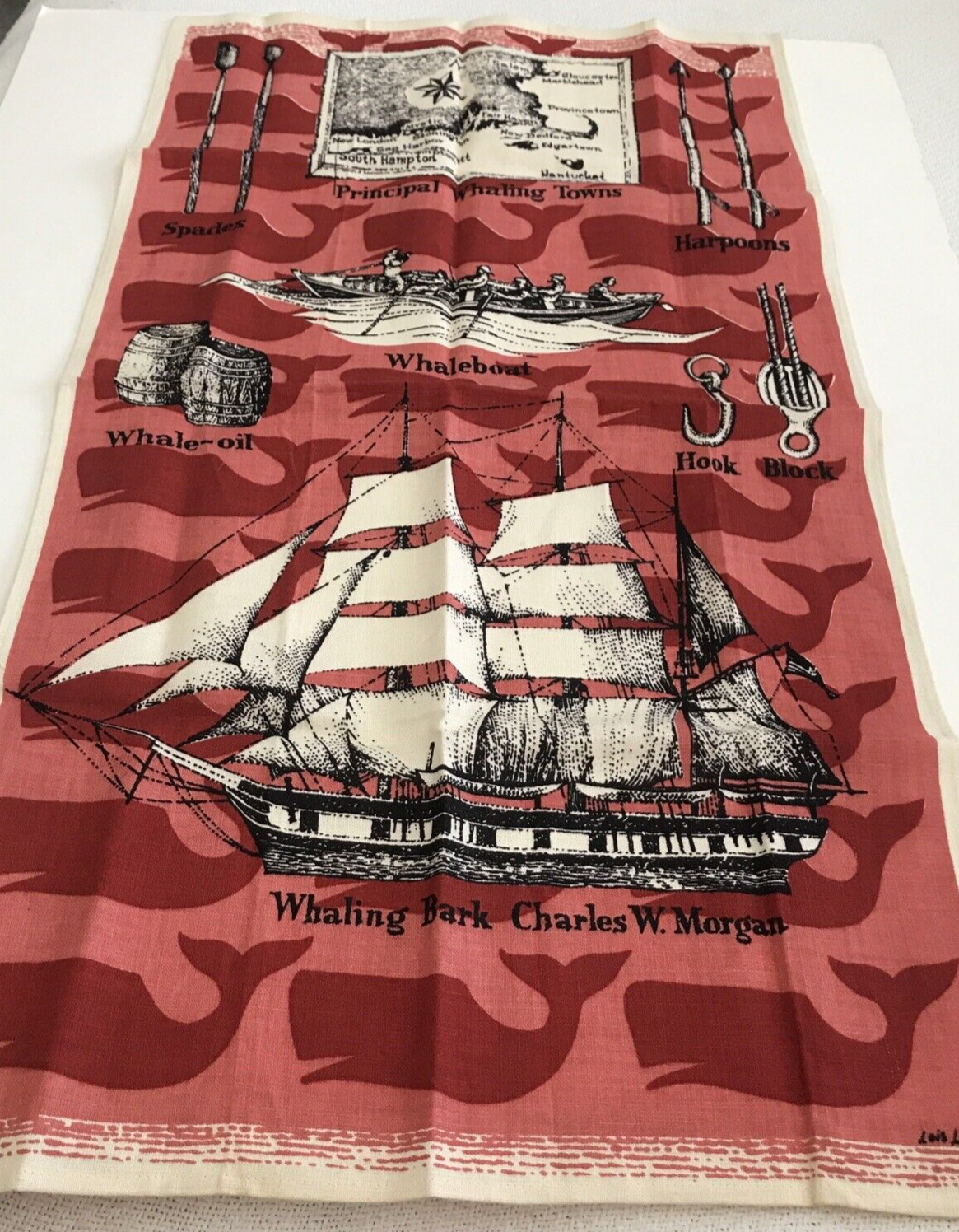 Vintage Lois Long Whaling Fishing Map Ships New England Linen Tea Towel Unused