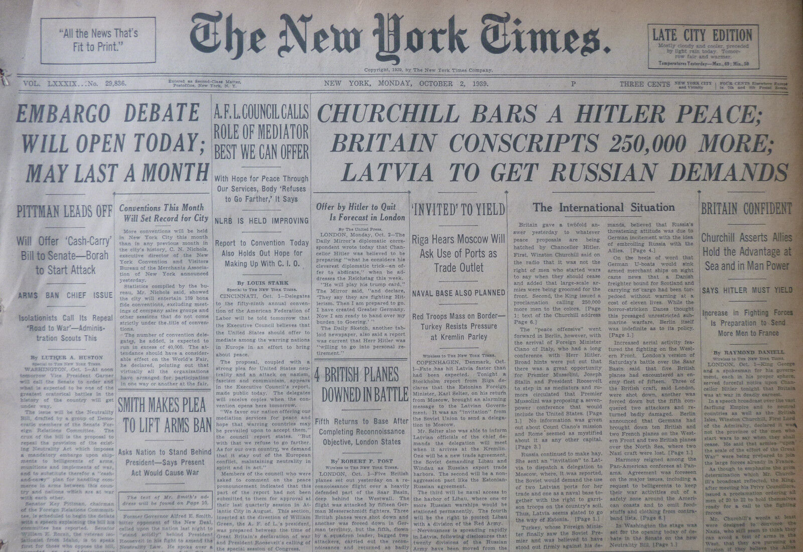 10-1939 WWII October 2 CHURCHILL BARS HITLER PEACE EMBARGO DEBATE LATVIA RUSSIA