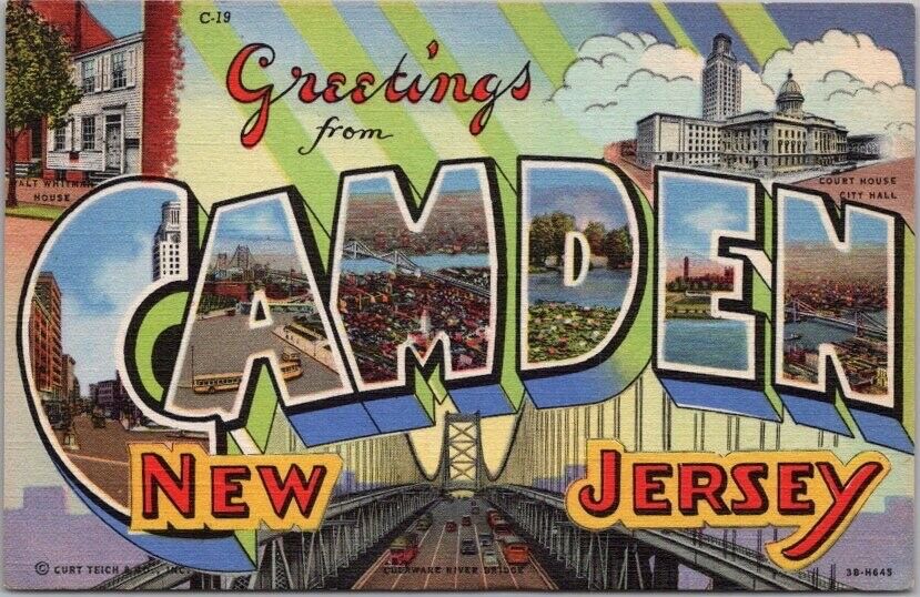 1943 CAMDEN, New Jersey Large Letter Postcard Delaware River Bridge / Unused