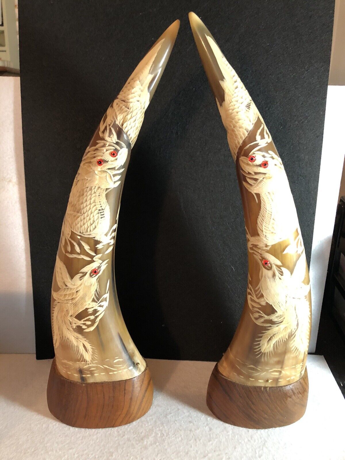 Beautiful Pair of Bull Hand Carved Horns Oriental Chinese Dragon & Bird 13.5” T